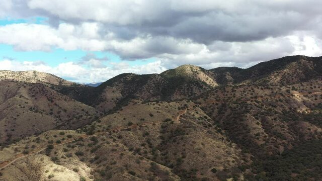 Aerial shot of the Duquesne Road through the Patagonia Mountains, within the Sierra Vista Ranger District of the Coronado National Forest in southern Arizona near the border with Mexico.
