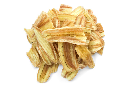 Asian caltivated banana chips or pisang awak banana cracker ro banana chips on white background, soft and selective focus.