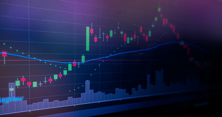 Blue Stock Exchange Market trading graph on screen labtop for  financial investment. Stock analysis...