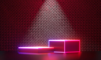 Obraz premium Two block Dark podium display background neon laser red pink light with spotlight metal wall in black theme. 3D illustration rendering.