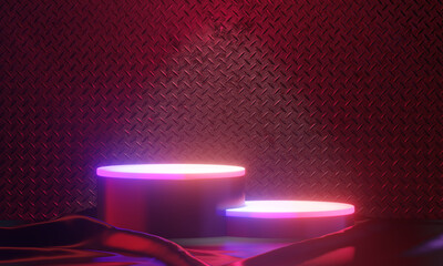 Two Cylinder Dark podium display background neon laser red pink light with metal wall in black theme. 3D illustration rendering.