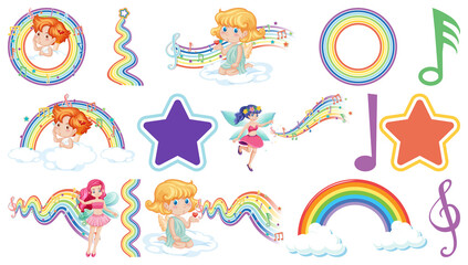 Set of fantasy fairies and cupids with rainbow elements