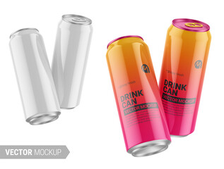 Two white glossy drink cans mockup. Vector illustration. - obrazy, fototapety, plakaty