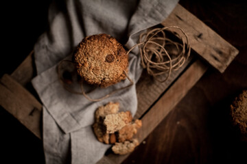 Morning cookies with almonds on the wood board. Selective focus