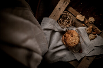 Morning cookies with almonds on the wood board. Selective focus