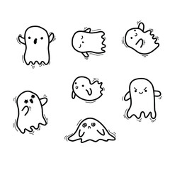 Fototapeta premium Doodle ghost. Halloween little ghost in cute kawaii style. funny smiling samhain ghosts set, spirit and sweets on white background. trick or treat stock cartoon image.