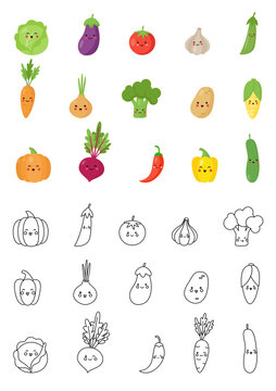 Set of colorful healthy vegetables. Vector illustrations. Black and white.