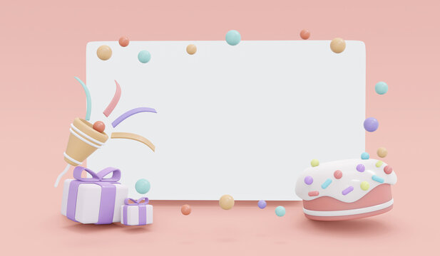 3D Rendering of party popper  gift box cake and confetti with blank paper copy space in pastel theme banner background. 3D Render illustration.