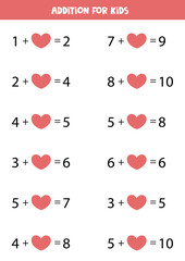 Addition for kids with cute valentine hearts.