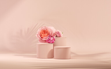 3D podium display, pastel pink background with rose flowers. Peonies flower and palm leaf shadow. Minimal pedestal for beauty, cosmetic product. Valentine, feminine copy space template 3d render - obrazy, fototapety, plakaty