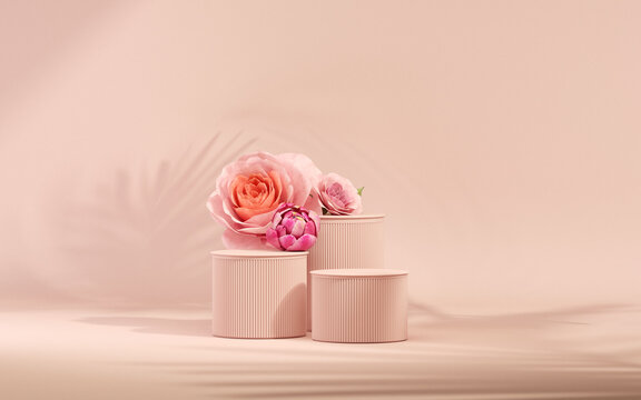 3D podium display, pastel pink background with rose flowers. Peonies flower and palm leaf shadow. Minimal pedestal for beauty, cosmetic product. Valentine, feminine copy space template 3d render