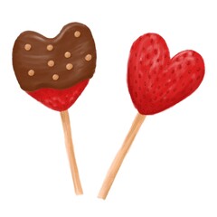 Illustration of strawberries on a stick, with chocolate, sweets, decorative isolated elements on a white background