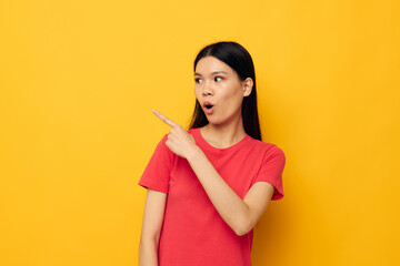 woman red t-shirts posing modern style isolated background unaltered