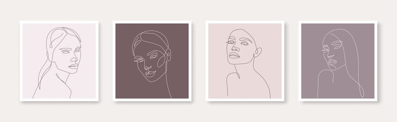 Set of Creative Templates in Trendy Linear Style with One Line Woman Face Portrait. Contemporary Abstract Print Design. Female Faces Abstract Drawing. Vector EPS 10