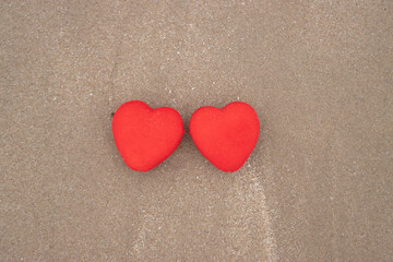 Top View Red heart on a sandy beach concept Valentine day