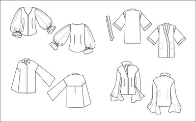 Technical drawings of various blouses. Front and rear view