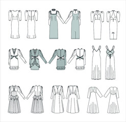 Technical drawing of various dress silhouettes 