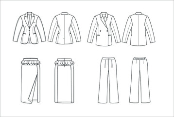 Technical drawing of a suit with an interesting cut of the jacket. 