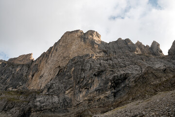 Fototapeta na wymiar view of the Furchetta peak on background. Puez Odle National Park, Dolomiti Alps, South Tyrol, Italy, Europe.
