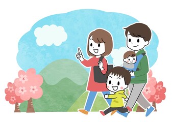 Obraz na płótnie Canvas 春・お出かけする家族のイラスト