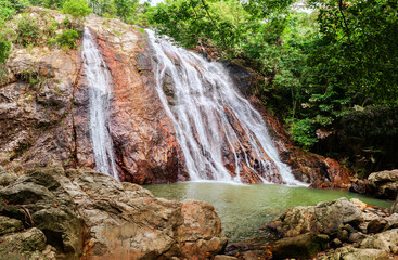 Na Muang Waterfall Koh Samui Island Thailand, Namuang Waterfall, falling water stream, mountain rocks landscape, tropical jungle forest, summer sunny day, tourism, travel, vacation, tourist attraction