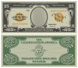 Fictional paper money, gold certificate, denomination of 25 dollars in the style of vintage 1934 US banknotes. Gray obverse and green reverse with guilloche grid - obrazy, fototapety, plakaty