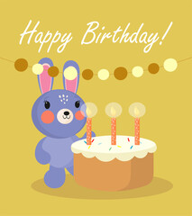 Birthday Party, Greeting Card, Party Invitation. Illustration with Cute Rabbit and Birthday Cake with Candles. Vector illustration.