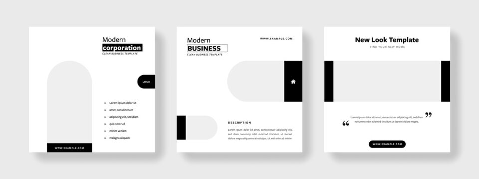 Clean monochrome editable social media post templates, rounded elements, black and white contrast graphic design. Modern business banner graphics for online advert, product presentation	