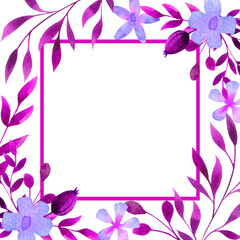 Fototapeta na wymiar Violet floral frame, border, card, copy space. Watercolor flowers, leaves template, blank, banner, postcard, greeting, invitation. Delicate botanical design.