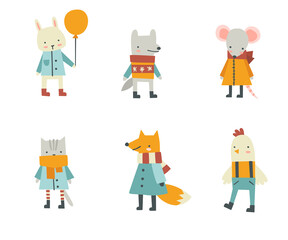 Fototapeta premium Cute dressed abstract animals set. Collection of naive doodle stylized mammal in clothes.