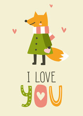 Valentine card with doodle cute dressed fox and text. Print with cartoon animal in coat and scarf holding heart shaped greeting card.