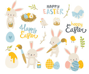 Easter bunny cute set. Easter decoration sticker collection with rabbit, chicken, painted eggs.