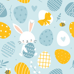 Easter bunny and painted eggs cute pattern. Blue and yellow seamless baby pattern for textile, apparel, fabric, nursery.