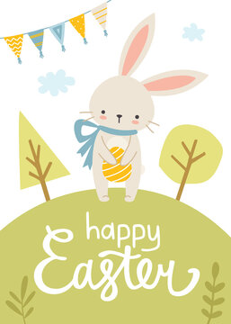 Cute easter bunny holding painted egg on spring lawn. Print with adorable rabbit for poster, greeting card, banner.