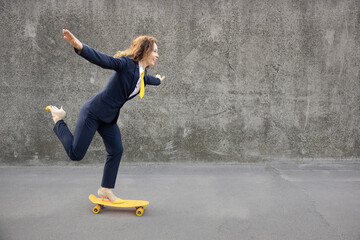 Funny businesswoman going to work outdoor