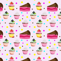 Vector background with cake and cupcakes in glaze, berries. Colorful seamless pattern of portioned dessert. Design for a bakery.