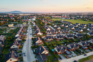 Aerial view of suburban neighborhood, Residential district with buildings and streets at small...