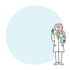 白衣を着た女性が指を刺しているフレームイラスト