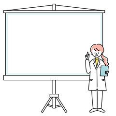 白衣を着た女性がスクリーンの前で指を刺しているイラスト