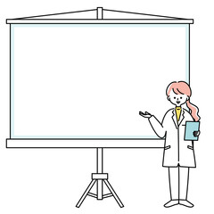 白衣を着た女性がスクリーンの前で説明しているイラスト