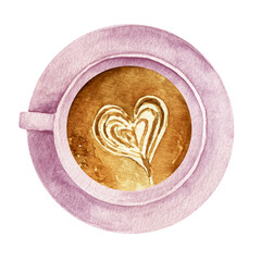 Watercolor cup of coffee with heart pattern in a pink cup top view