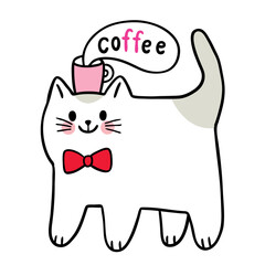 Cartoon cute cat and coffee cup vector.