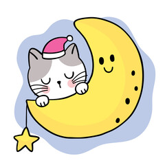 Cartoon cute cat sleeping on the moon vector.