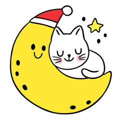 Cartoon cute cat sleeping on the moon vector.