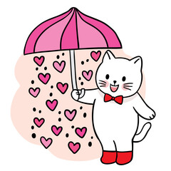 Cartoon cute cat and little heart and umbrella vector.
