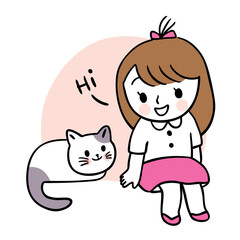 Cartoon cute girl and cat vector.