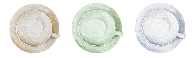 Watercolor set of three empty white coffee cups in saucer on white background