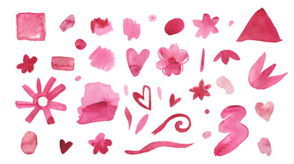 Set of Watercolor pink, abstract texture illustrations for Valentine's Day on a white isolated background.Collection of simple blots,hearts,flowers hand painted.Designs for cards,posters,stickers,web.