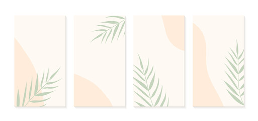 Neutral instagram stories minimal templates. Vector set of vertical abstract trendy backgrounds with palm leaves and organic shapes