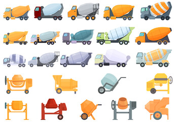 Concrete mixer icons set cartoon vector. Cement truck. Auto blender